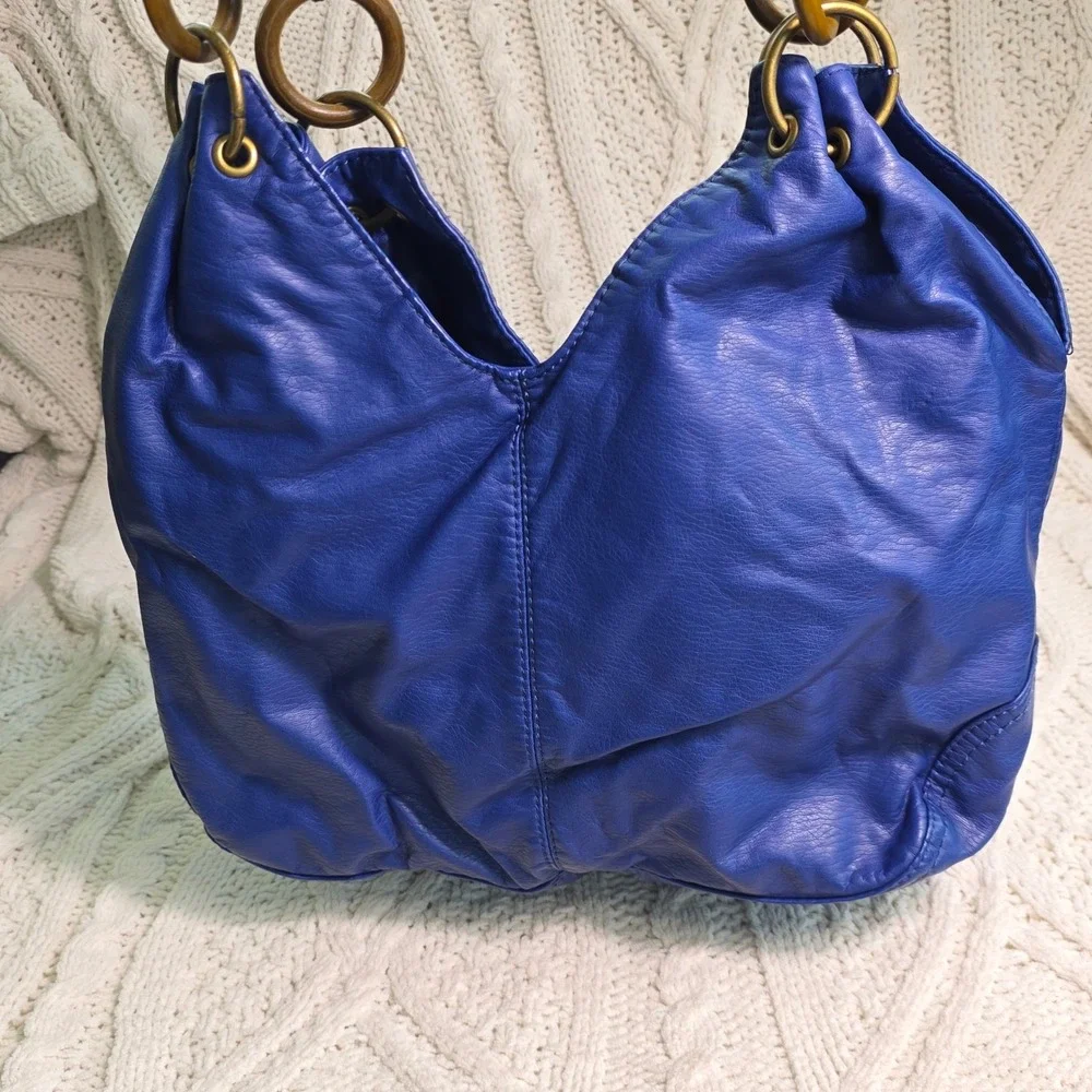 Bueno Hobo Satchel Bag Royal Blue Wood Bead Circle Handle Purse Soft Colorful